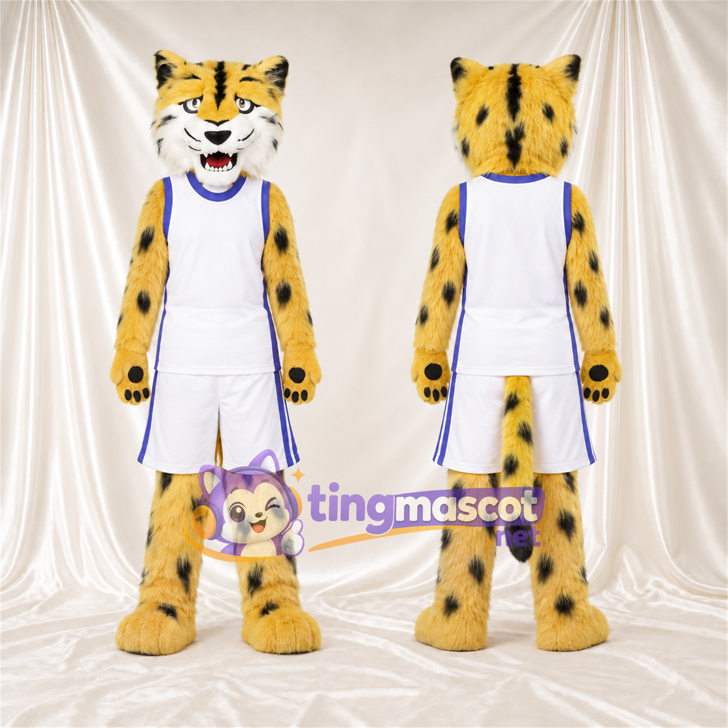 Maskottchenkostüm Gepard – gelb / schwarz – Basketballtrikot (weiß); Spitze Fangzähne Maskottchenkostüm Gepard – gelb / schwarz – Basketballtrikot (weiß); Spitze Fangzähne