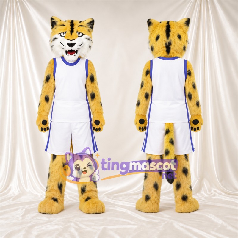 Maskottchenkostüm Gepard – gelb / schwarz – Basketballtrikot (weiß); Spitze Fangzähne