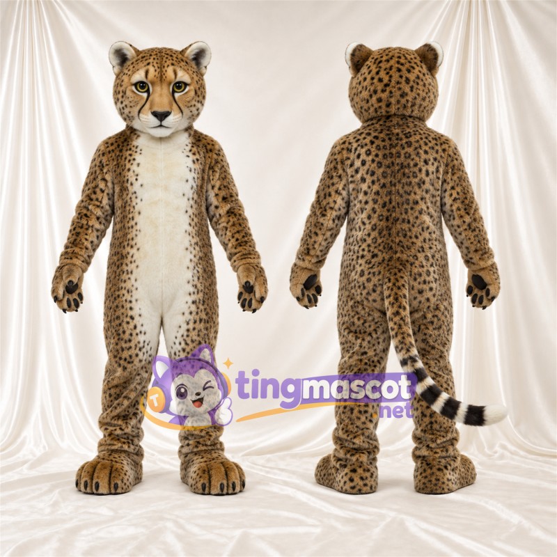 Maskottchenkostüm Gepard – hellbraun / schwarz – Bauch (weiß); Gestreifter Schwanz (weiß)