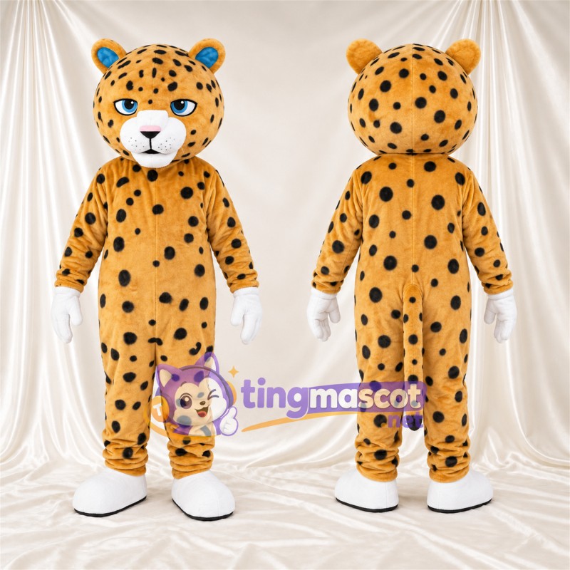 Costume de mascotte Guépard – jaune / noir – Gants (blanc); Pieds (blanc)