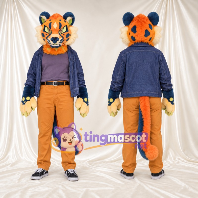 Costume de mascotte Chat tacheté – orange / bleu – Veste; Pantalon (orange)
