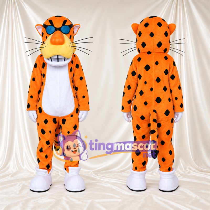 Maskottchenkostüm Gepard – orange / schwarz – Sonnenbrille (blau); Breites Zahngrinsen