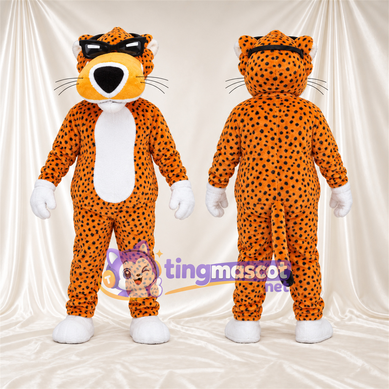 Maskottchenkostüm Gepard – orange / schwarz – Sonnenbrille; Bauch (weiß) Maskottchenkostüm Gepard – orange / schwarz – Sonnenbrille; Bauch (weiß)