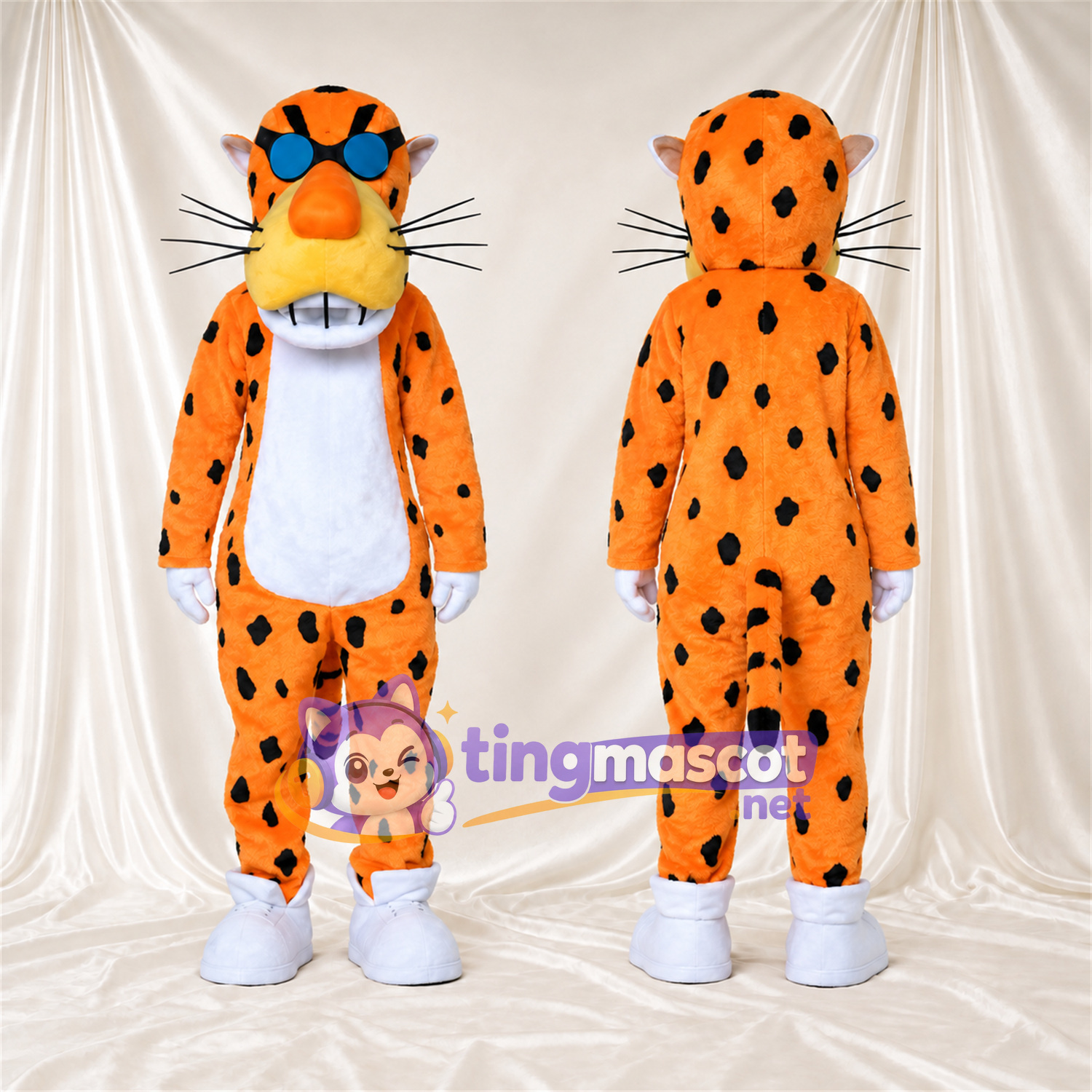 Maskottchenkostüm Gepard – orange / schwarz – Sonnenbrille (blau); Breites Zahngrinsen Maskottchenkostüm Gepard – orange / schwarz – Sonnenbrille (blau); Breites Zahngrinsen