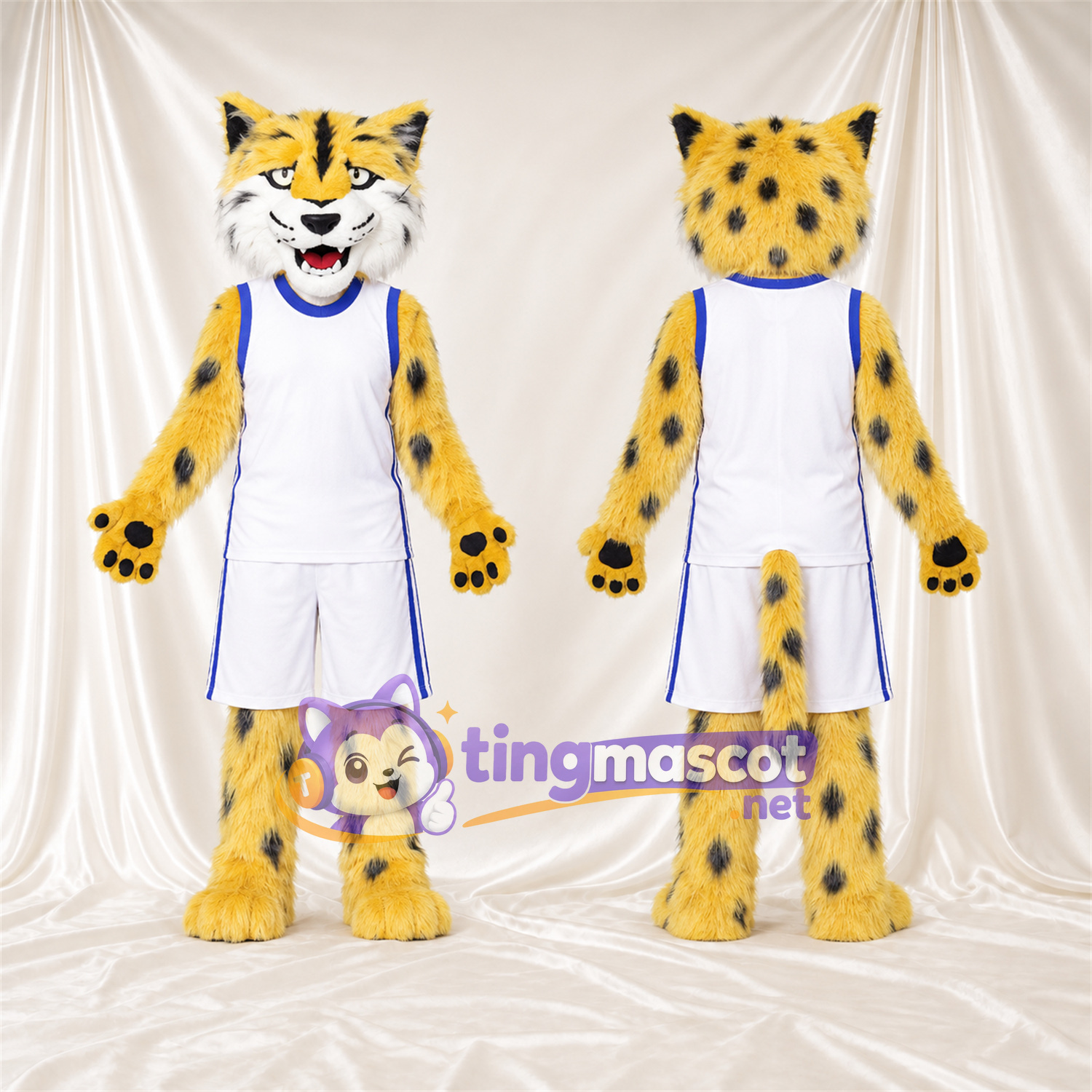Maskottchenkostüm Gepard – gelb / schwarz – Basketballtrikot (weiß); Pfotenballen (schwarz) Maskottchenkostüm Gepard – gelb / schwarz – Basketballtrikot (weiß); Pfotenballen (schwarz)