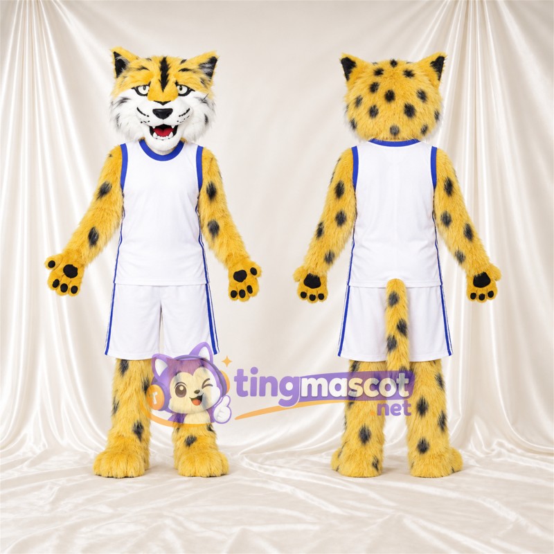 Maskottchenkostüm Gepard – gelb / schwarz – Basketballtrikot (weiß); Pfotenballen (schwarz)