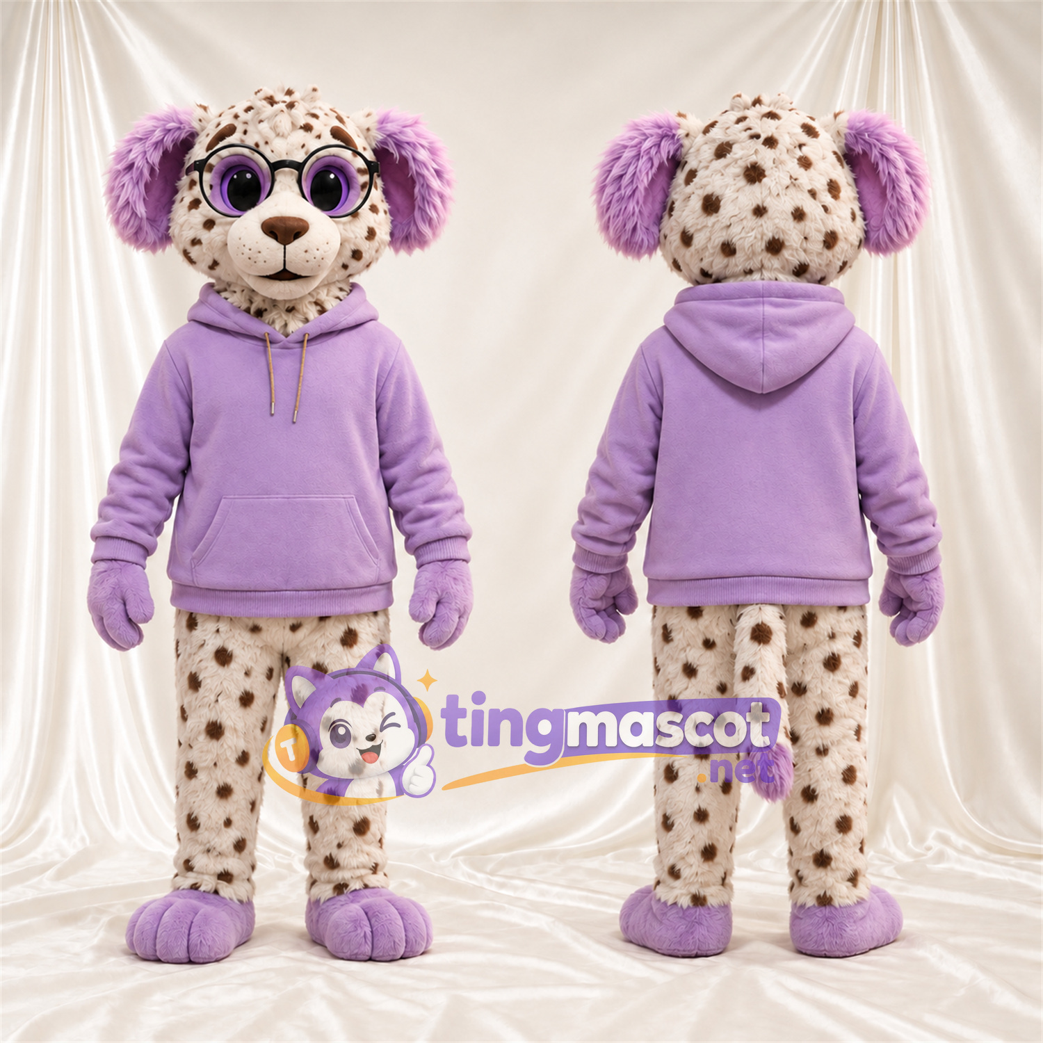 Costume de mascotte Chien tacheté – crème / violet – Sweat à capuche (violet); Lunettes Costume de mascotte Chien tacheté – crème / violet – Sweat à capuche (violet); Lunettes