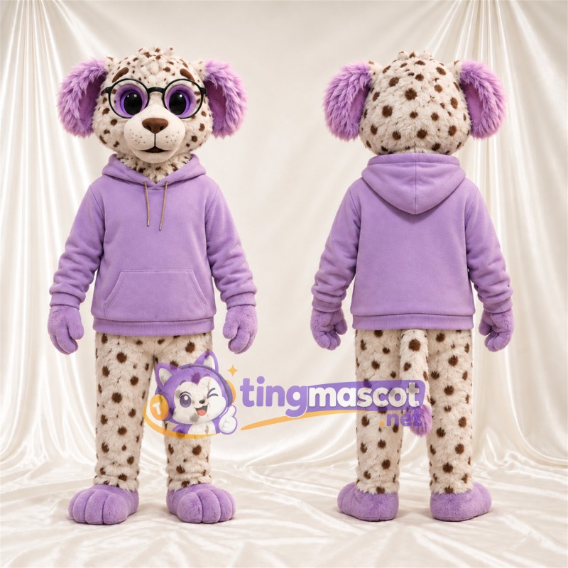 Costume de mascotte Chien tacheté – crème / violet – Sweat à capuche (violet); Lunettes