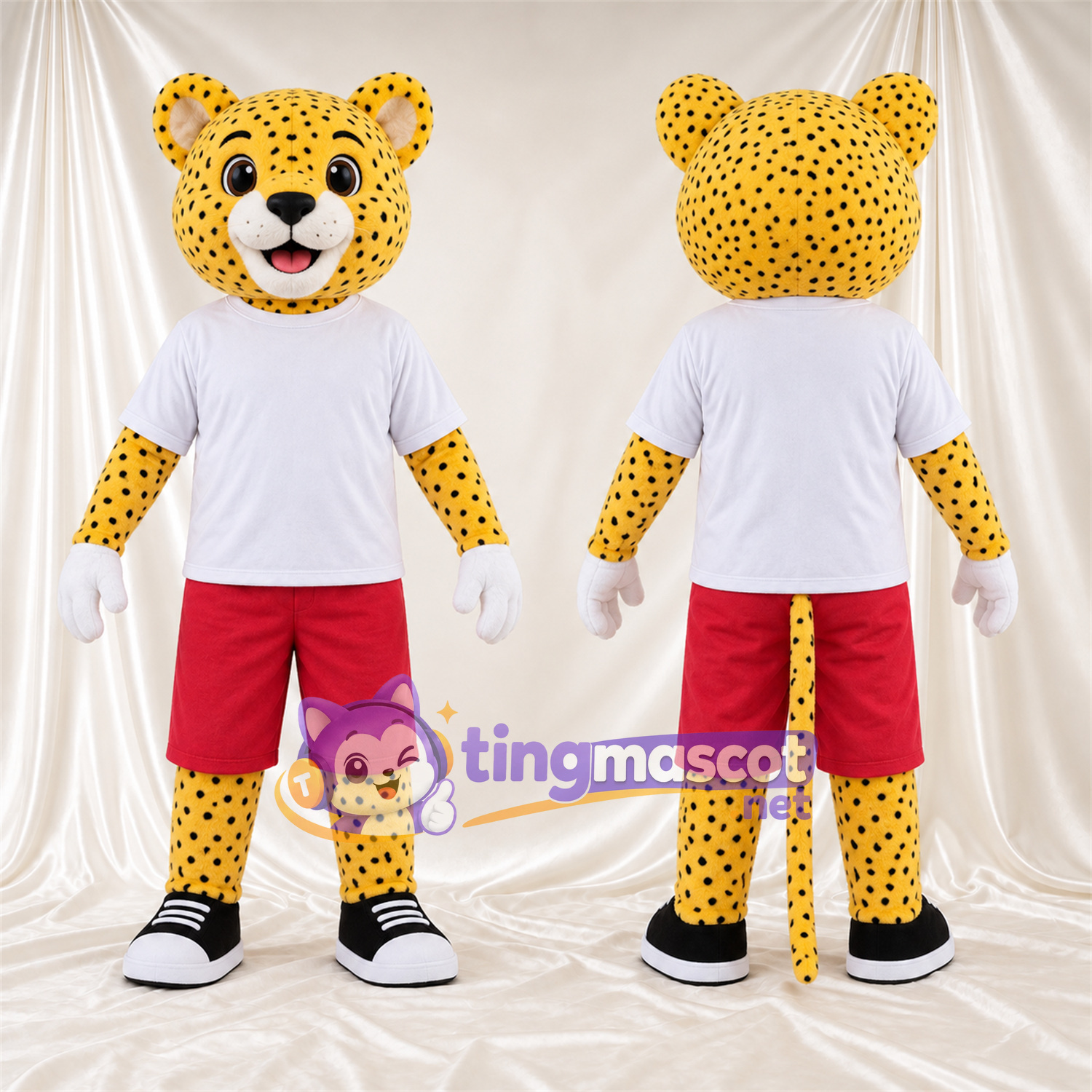 Costume de mascotte Guépard – jaune / noir – Chemise (blanc); Short (rouge) Costume de mascotte Guépard – jaune / noir – Chemise (blanc); Short (rouge)