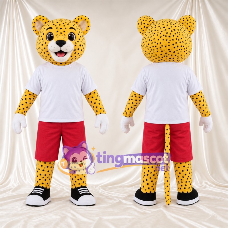Costume de mascotte Guépard – jaune / noir – Chemise (blanc); Short (rouge)