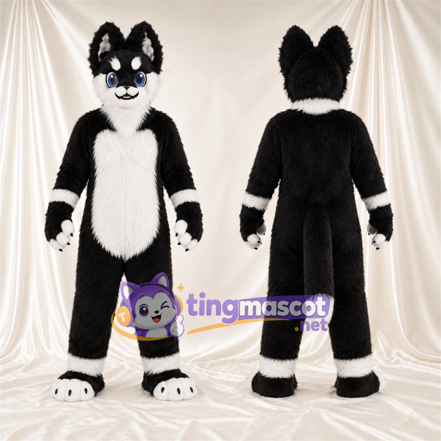 Maskottchenkostüm Husky – schwarz / weiß – Knöchelmanschetten (weiß); Handgelenkmanschetten (weiß) Maskottchenkostüm Husky – schwarz / weiß – Knöchelmanschetten (weiß); Handgelenkmanschetten (weiß)