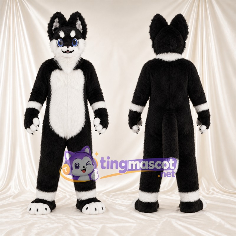 Maskottchenkostüm Husky – schwarz / weiß – Knöchelmanschetten (weiß); Handgelenkmanschetten (weiß)