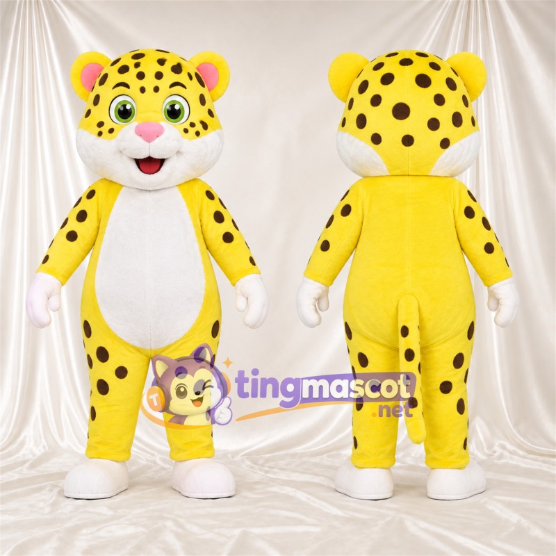 Costume de mascotte Guépard – jaune / noir – Gants (blanc); Pieds (blanc)