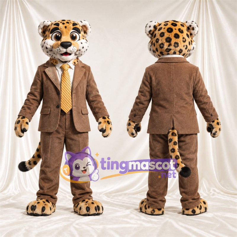 Maskottchenkostüm Leopard – hellbraun / schwarz – Anzug (braun); Krawatte (gelb)