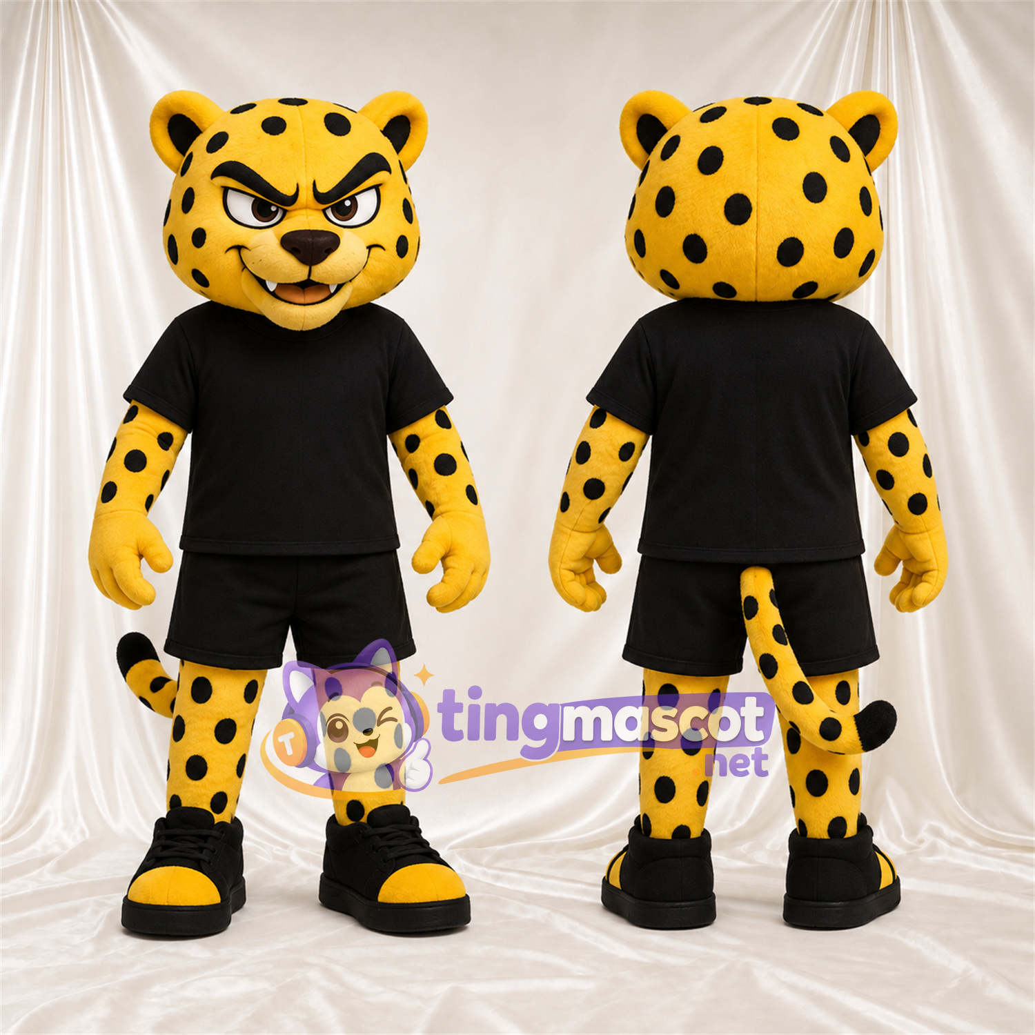 Yellow and Black Cheetah Mascot Costume - Black Sports Uniform Yellow and Black Cheetah Mascot Costume - Black Sports Uniform