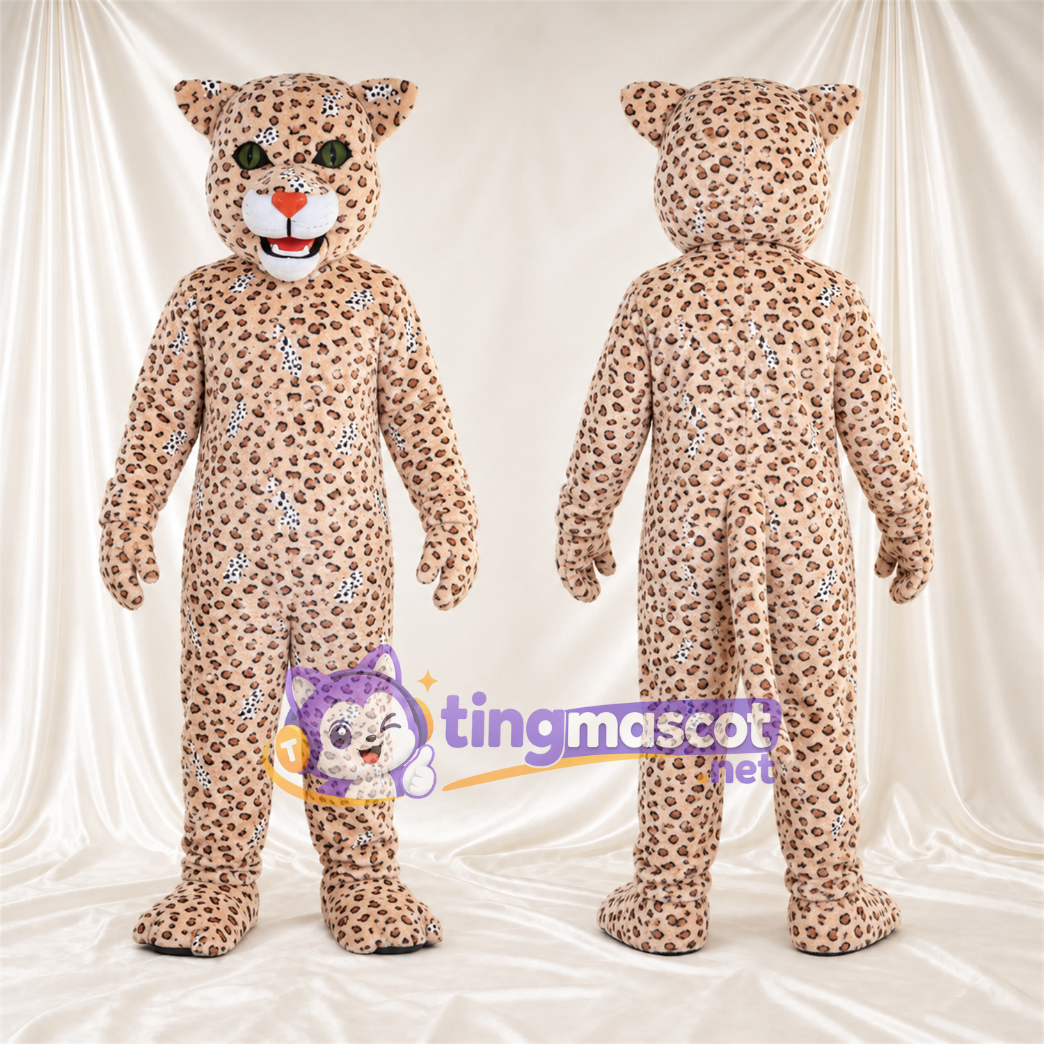 Maskottchenkostüm Leopard – creme / schwarz – Augen (grün); Nase (orange) Maskottchenkostüm Leopard – creme / schwarz – Augen (grün); Nase (orange)
