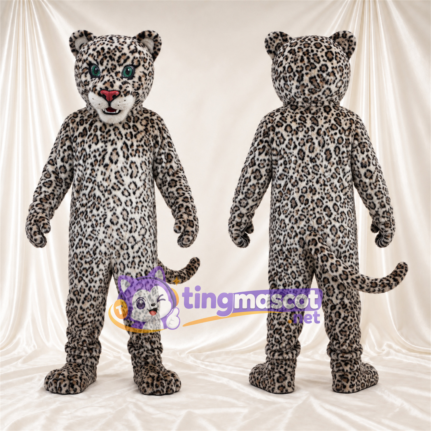 Costume de mascotte Léopard – gris / noir – Queue enroulée; Yeux (bleu) Costume de mascotte Léopard – gris / noir – Queue enroulée; Yeux (bleu)