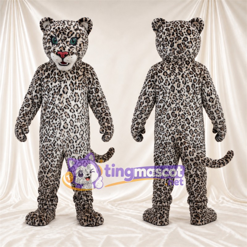 Costume de mascotte Léopard – gris / noir – Queue enroulée; Yeux (bleu)