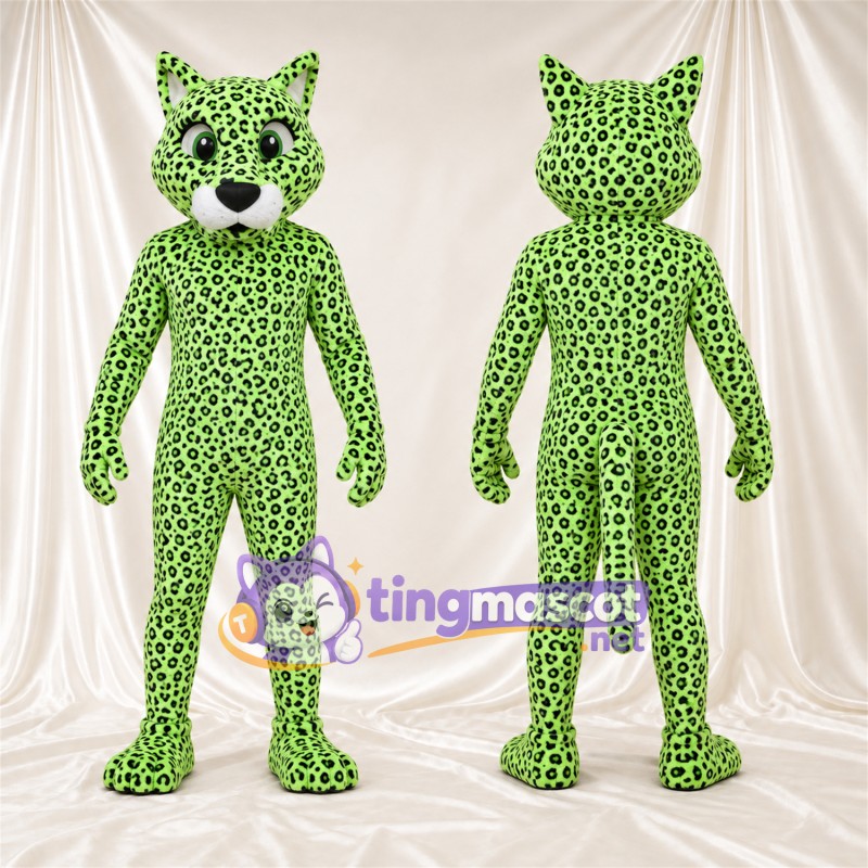 Costume de mascotte Léopard – vert / noir – Longue queue; Taches en rosettes