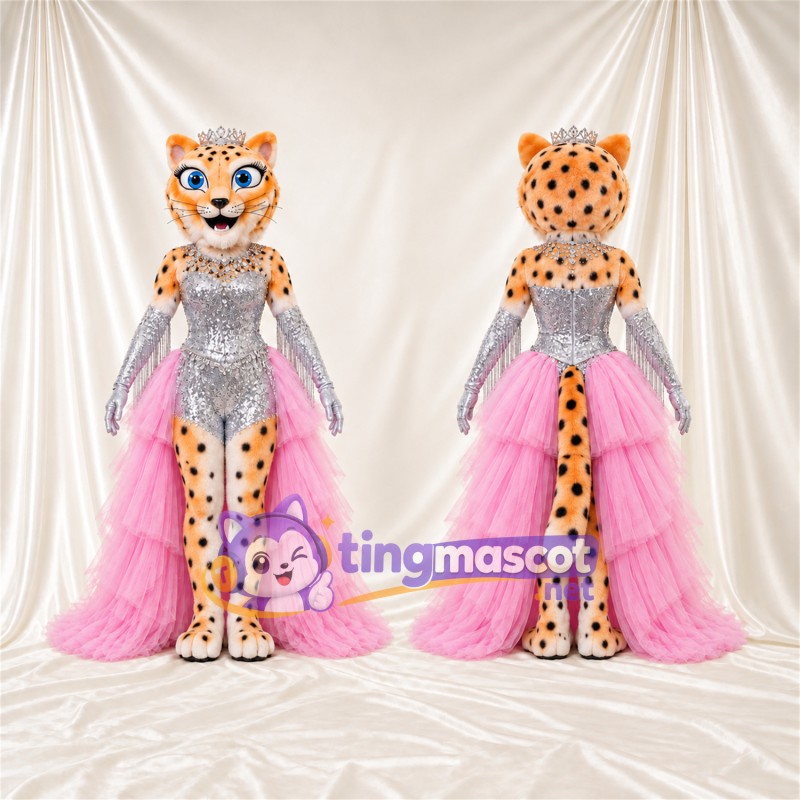 Maskottchenkostüm Gepard – orange / schwarz – Oberteil (silberfarben); Rock (rosa)