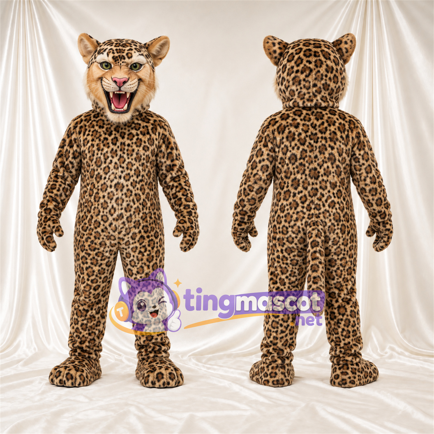 Costume de mascotte Léopard – brun clair / noir – Bouche ouverte; Crocs pointus Costume de mascotte Léopard – brun clair / noir – Bouche ouverte; Crocs pointus