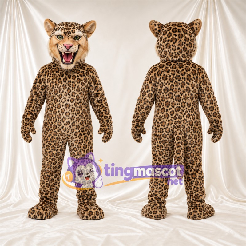 Costume de mascotte Léopard – brun clair / noir – Bouche ouverte; Crocs pointus