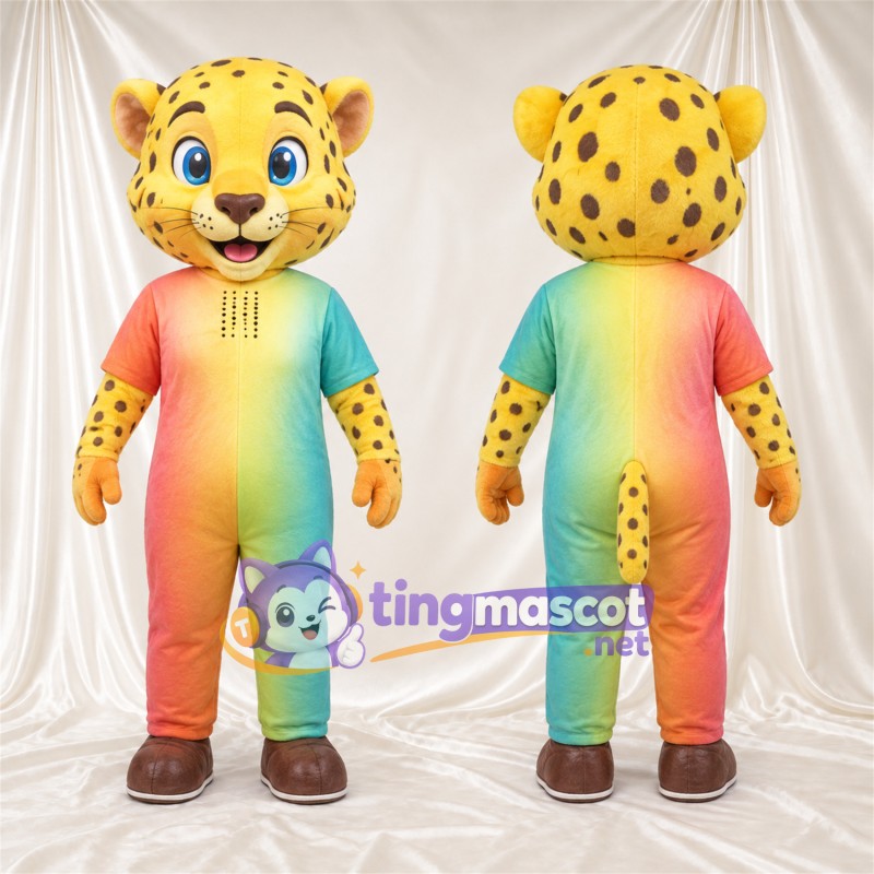Costume de mascotte Guépard – jaune / noir – Tenue (arc-en-ciel)
