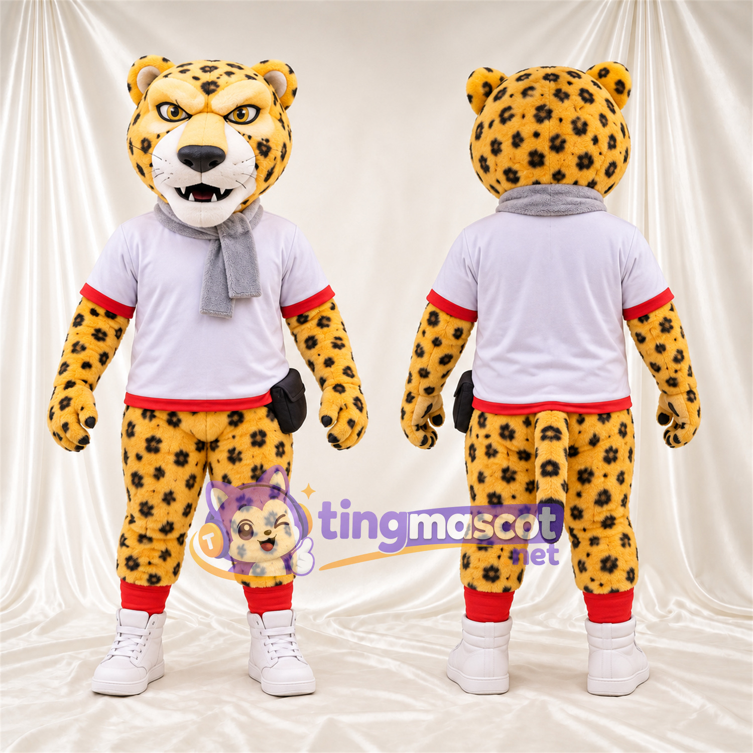 Costume de mascotte Guépard – jaune / noir – Chemise (blanc); Écharpe (gris) Costume de mascotte Guépard – jaune / noir – Chemise (blanc); Écharpe (gris)