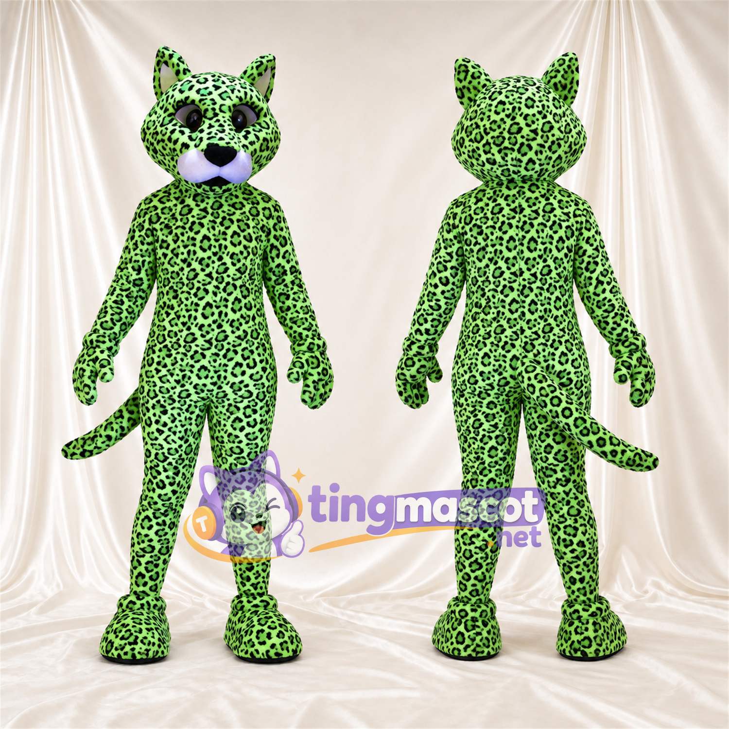 Maskottchenkostüm Leopard – grün / schwarz – Zunge (rosa); Rosettenflecken Maskottchenkostüm Leopard – grün / schwarz – Zunge (rosa); Rosettenflecken
