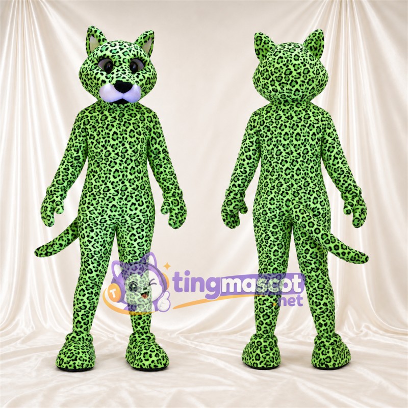 Maskottchenkostüm Leopard – grün / schwarz – Zunge (rosa); Rosettenflecken