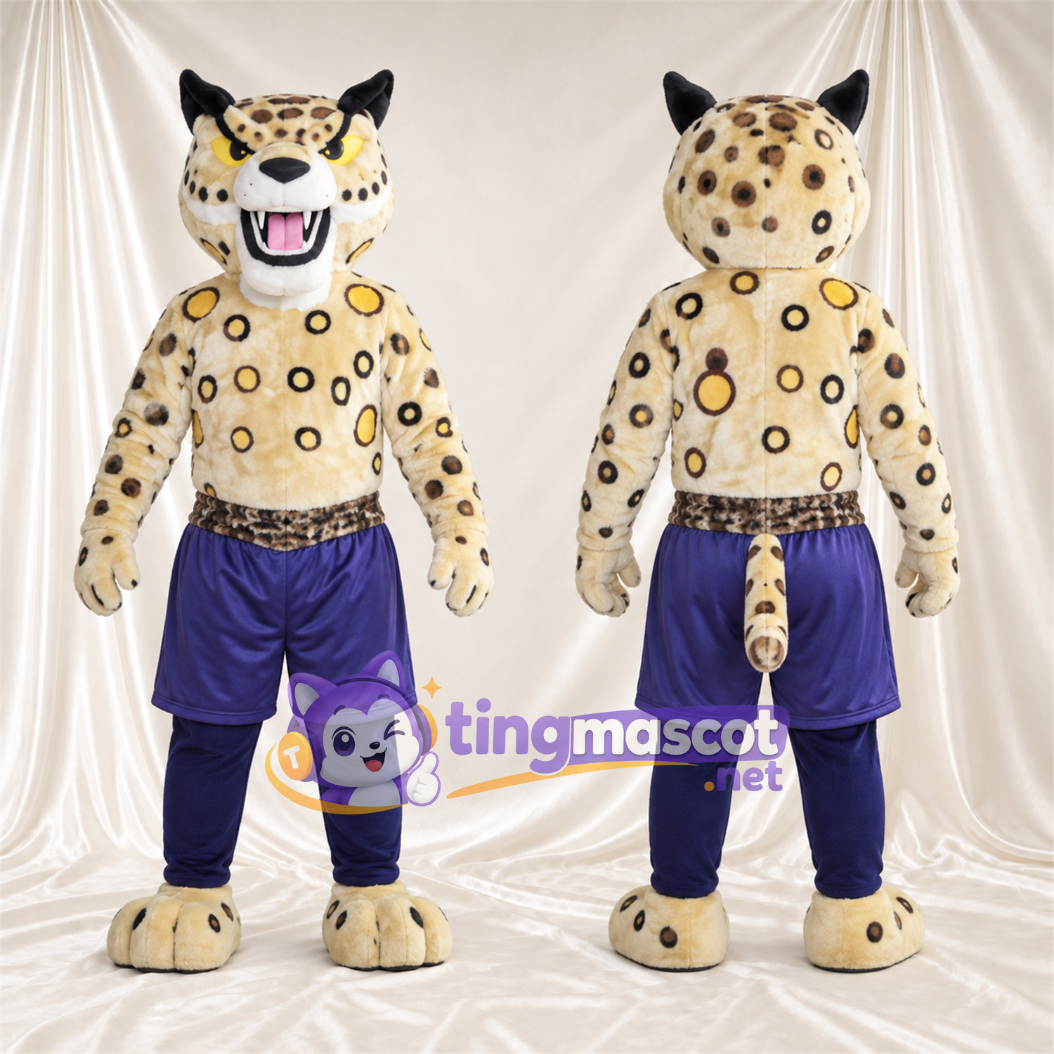 Maskottchenkostüm Leopard – creme / schwarz – Shorts (violett) Maskottchenkostüm Leopard – creme / schwarz – Shorts (violett)