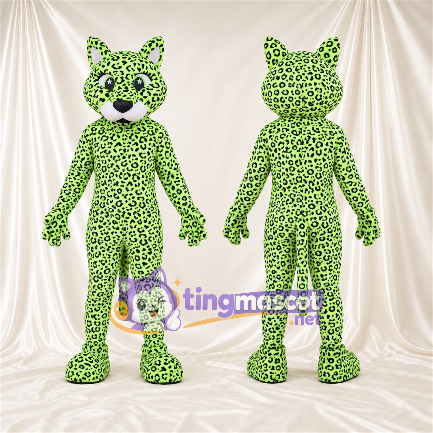 Costume de mascotte Léopard – vert / noir – Longue queue; Taches en rosettes Costume de mascotte Léopard – vert / noir – Longue queue; Taches en rosettes