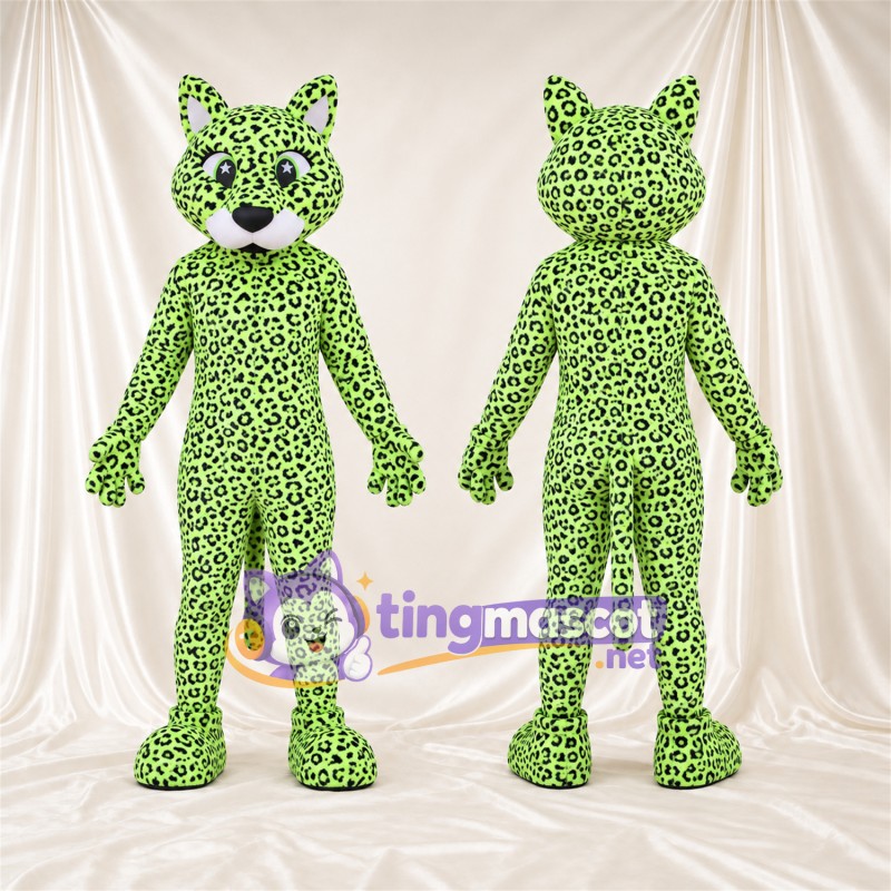 Costume de mascotte Léopard – vert / noir – Longue queue; Taches en rosettes