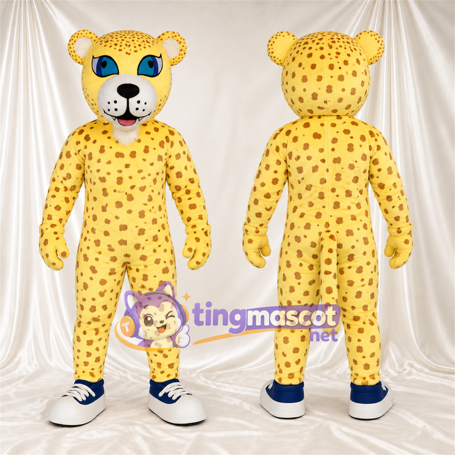 Maskottchenkostüm Gepard – gelb / schwarz – Augen (blau); Sneaker (schwarz / weiß) Maskottchenkostüm Gepard – gelb / schwarz – Augen (blau); Sneaker (schwarz / weiß)