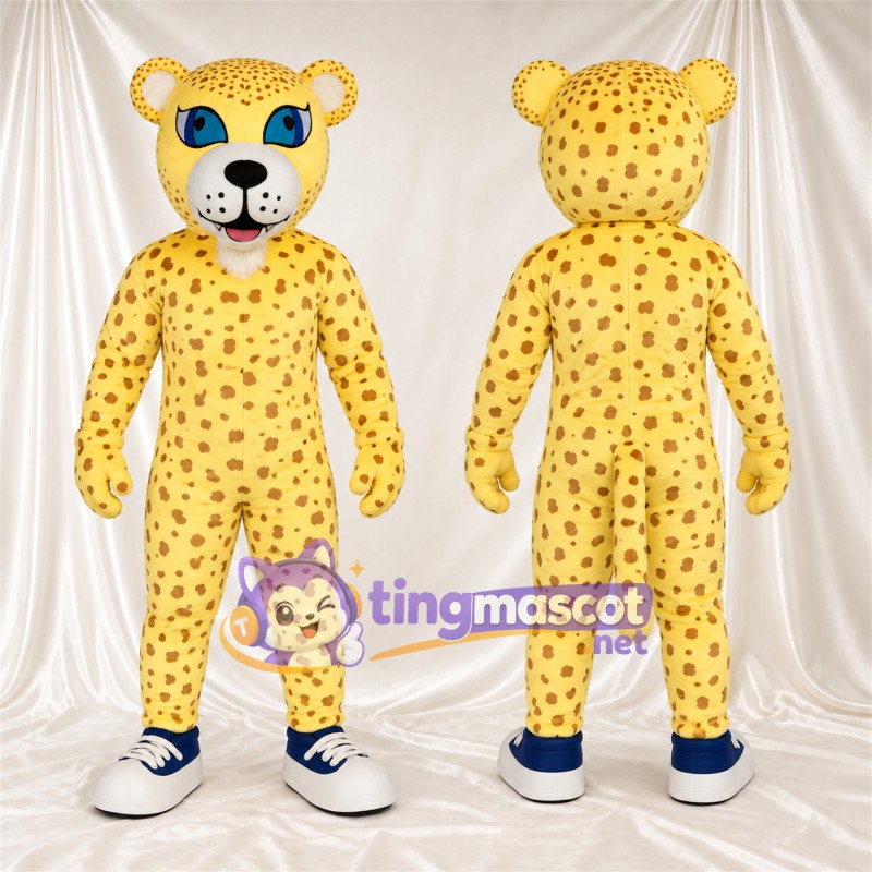 Maskottchenkostüm Gepard – gelb / schwarz – Augen (blau); Sneaker (schwarz / weiß)