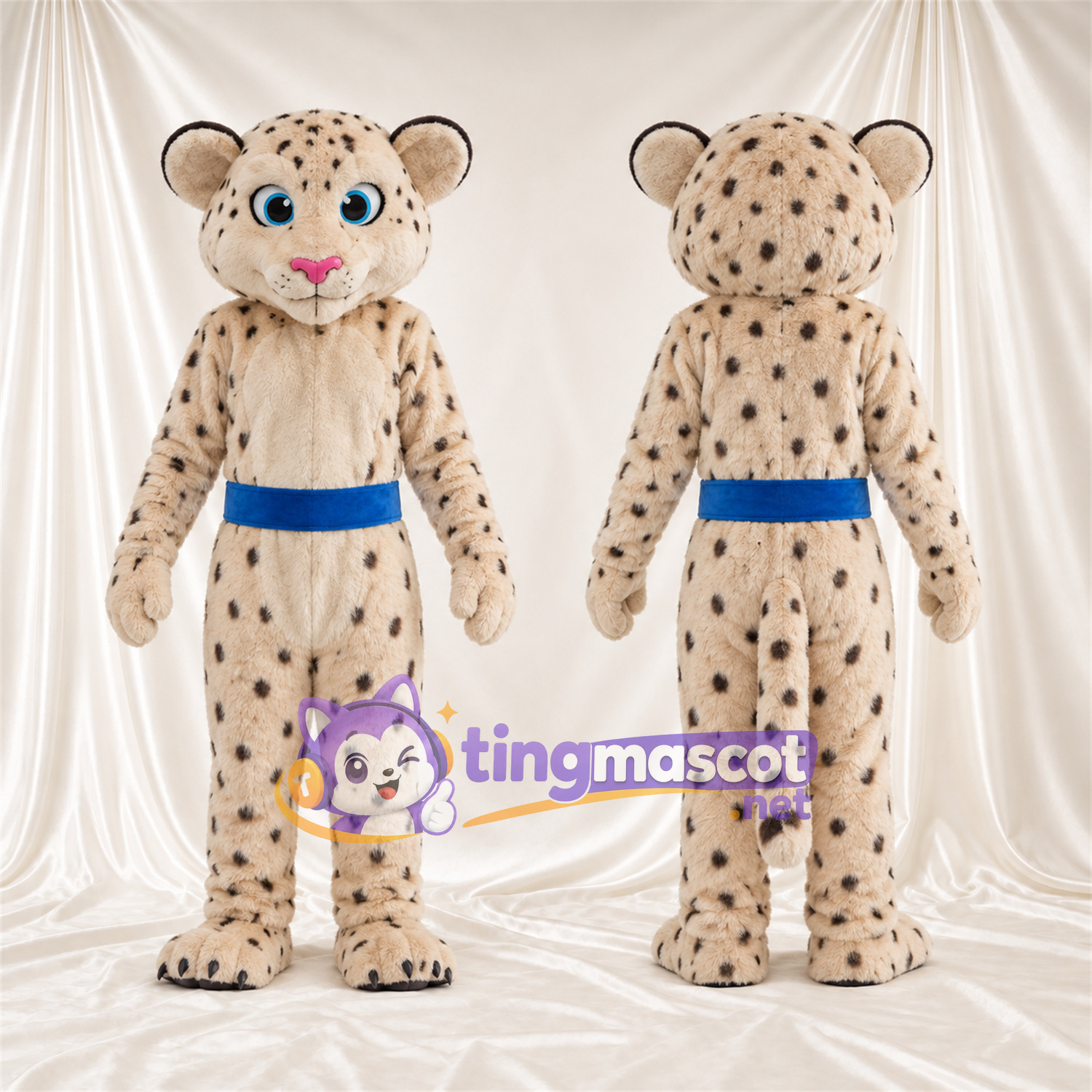 Maskottchenkostüm Gepard – creme / schwarz – Gürtel (blau) Maskottchenkostüm Gepard – creme / schwarz – Gürtel (blau)
