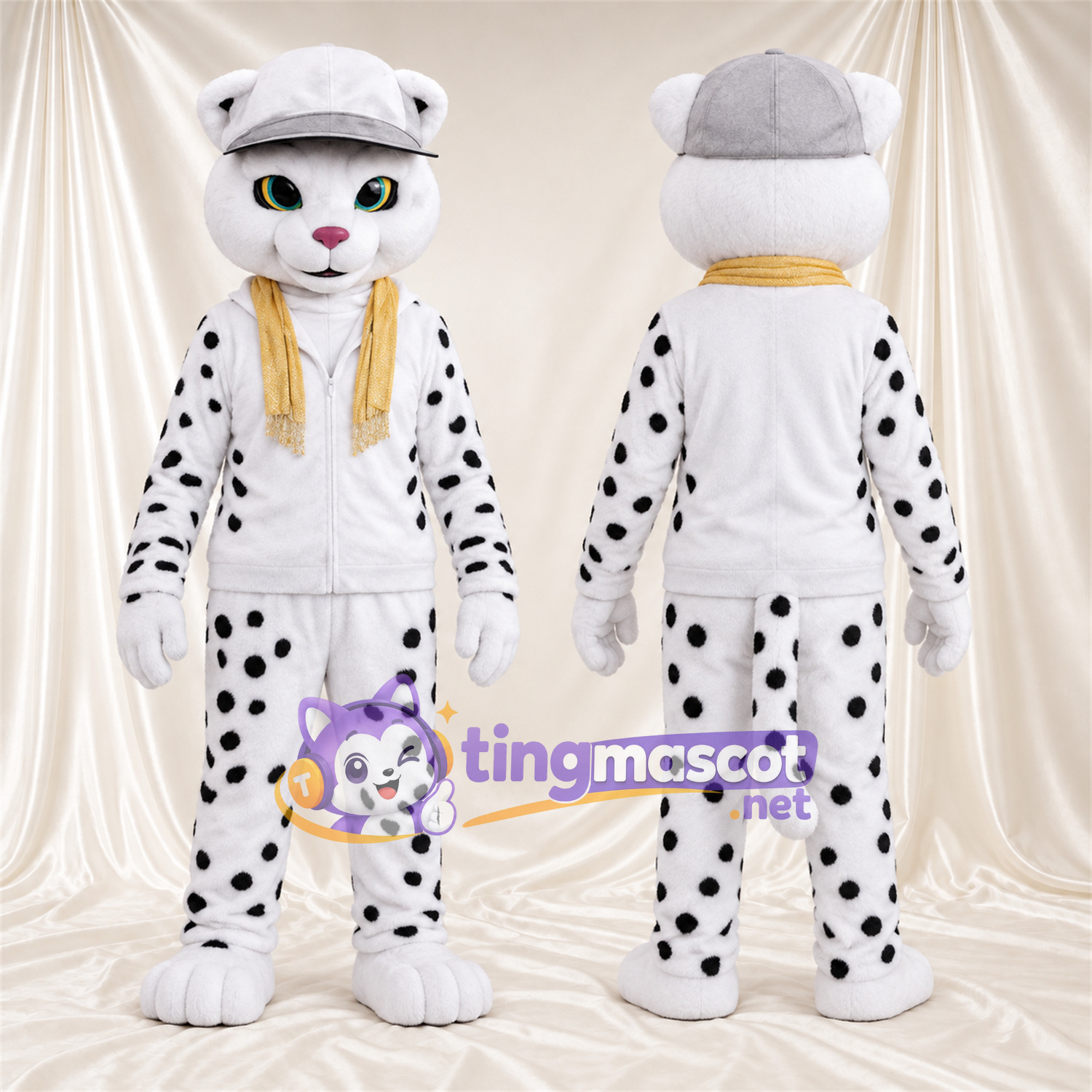 Costume de mascotte Guépard – blanc / noir – Tenue (blanc); Casquette Costume de mascotte Guépard – blanc / noir – Tenue (blanc); Casquette