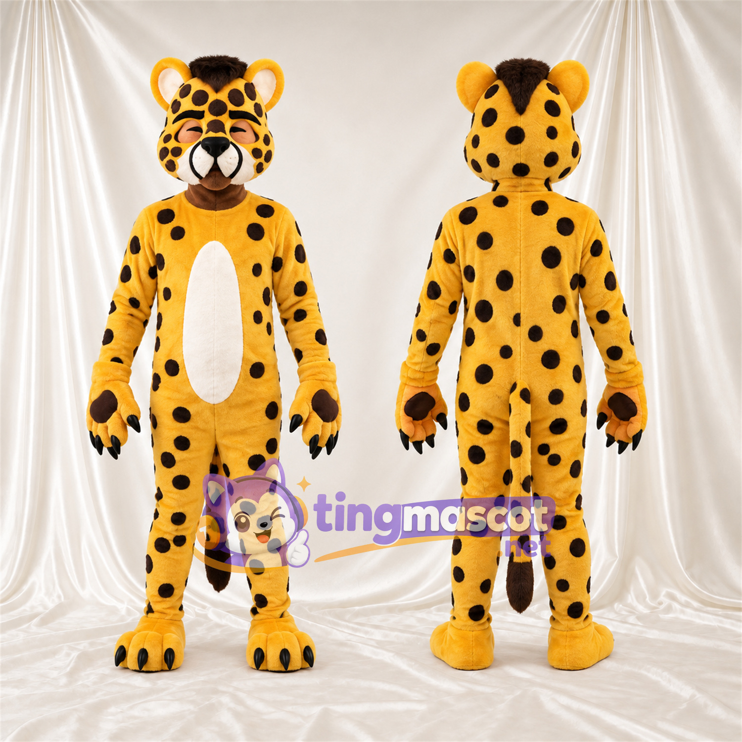 Maskottchenkostüm Gepard – gelb / schwarz – Bauch (weiß); Pfotenballen (schwarz) Maskottchenkostüm Gepard – gelb / schwarz – Bauch (weiß); Pfotenballen (schwarz)