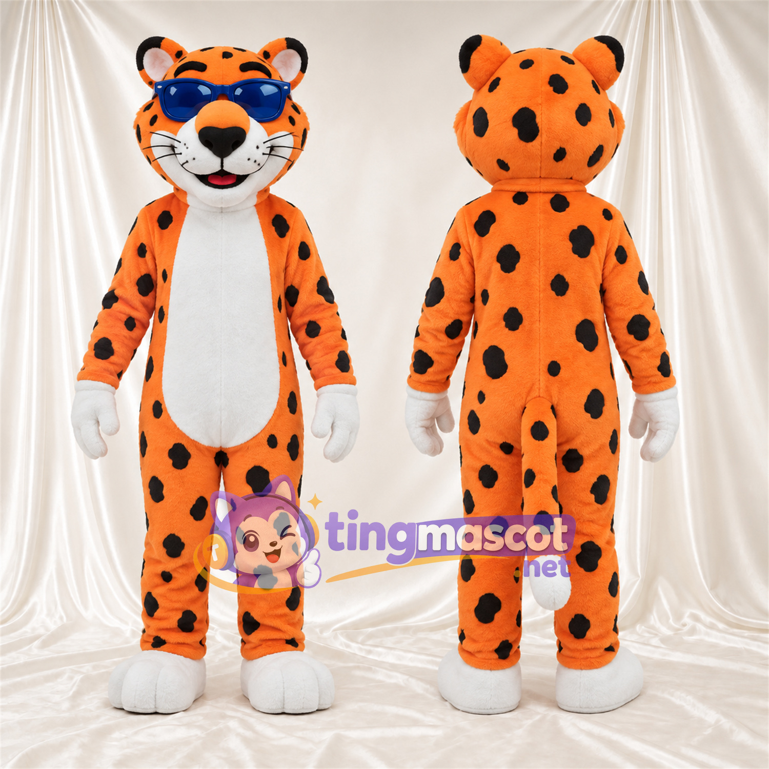 Maskottchenkostüm Gepard – orange / schwarz – Sonnenbrille (blau); Handschuhe (weiß) Maskottchenkostüm Gepard – orange / schwarz – Sonnenbrille (blau); Handschuhe (weiß)