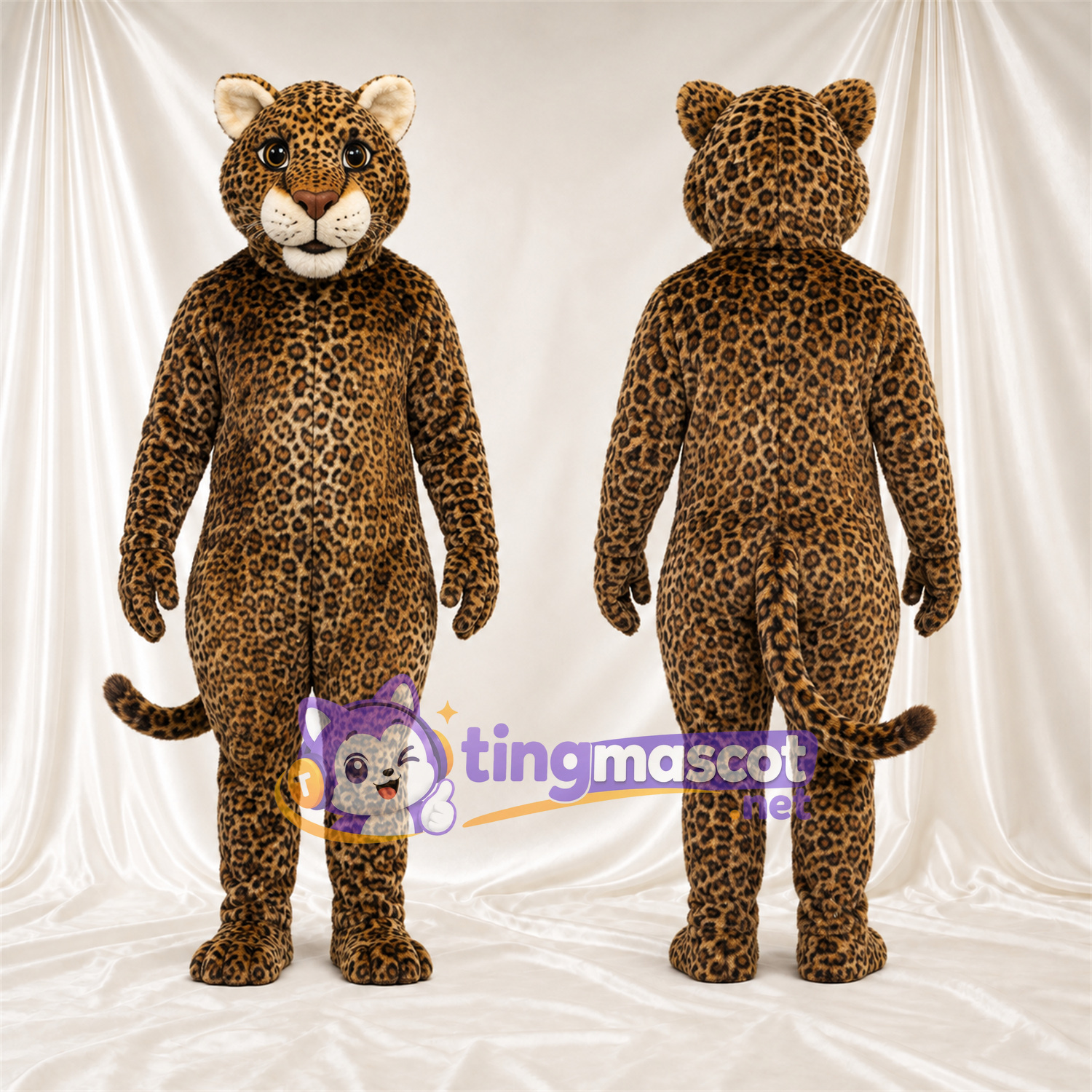 Costume de mascotte Léopard – brun clair / noir – Queue enroulée; Museau (blanc) Costume de mascotte Léopard – brun clair / noir – Queue enroulée; Museau (blanc)