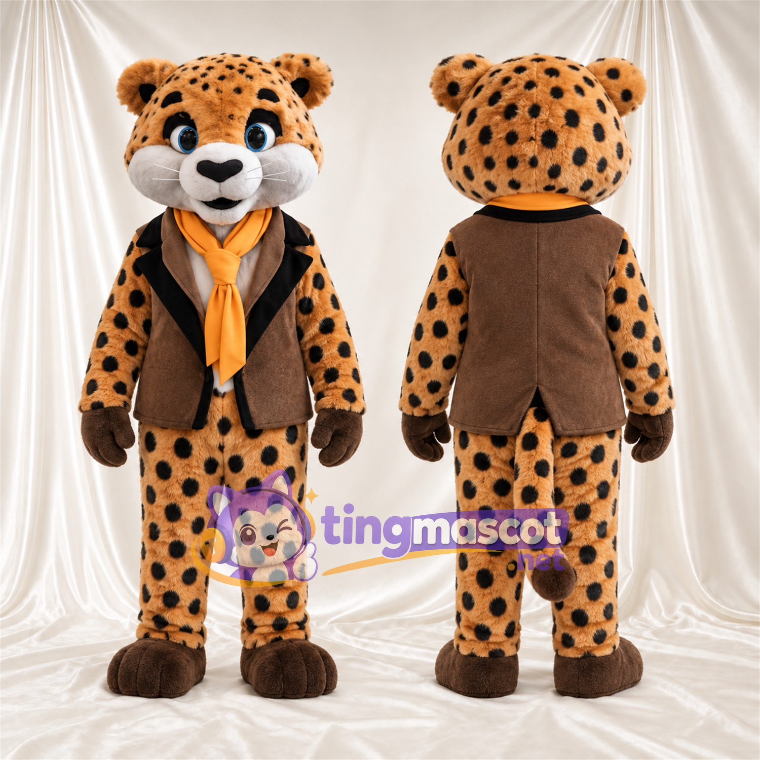 Maskottchenkostüm Gepard – hellbraun / schwarz – Weste (braun); Schal (orange) Maskottchenkostüm Gepard – hellbraun / schwarz – Weste (braun); Schal (orange)