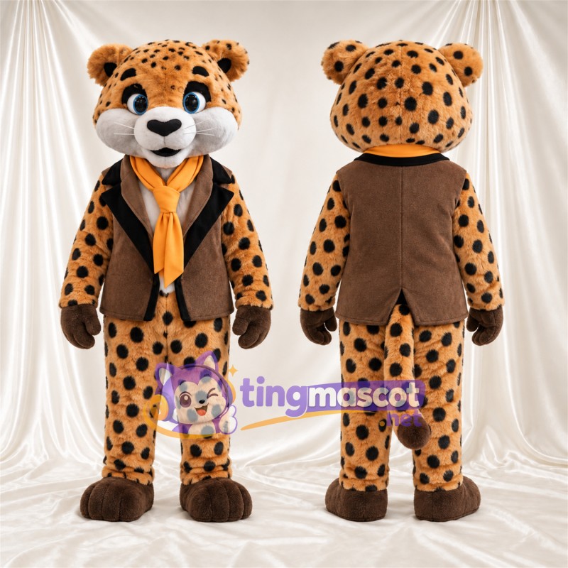Tan and Black Cheetah Mascot Costume - Brown Vest and Orange Scarf