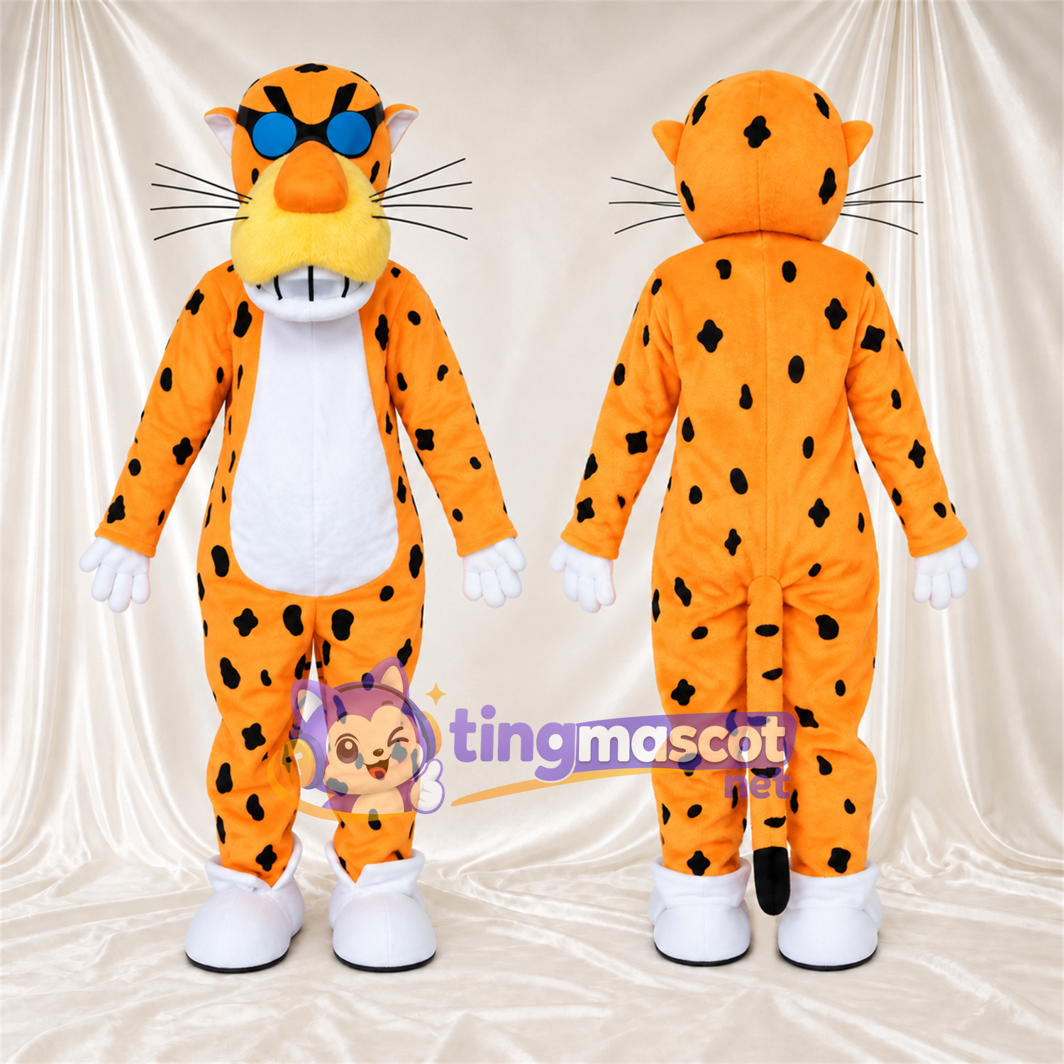 Maskottchenkostüm Gepard – orange / schwarz – Sonnenbrille (blau); Breites Zahngrinsen Maskottchenkostüm Gepard – orange / schwarz – Sonnenbrille (blau); Breites Zahngrinsen