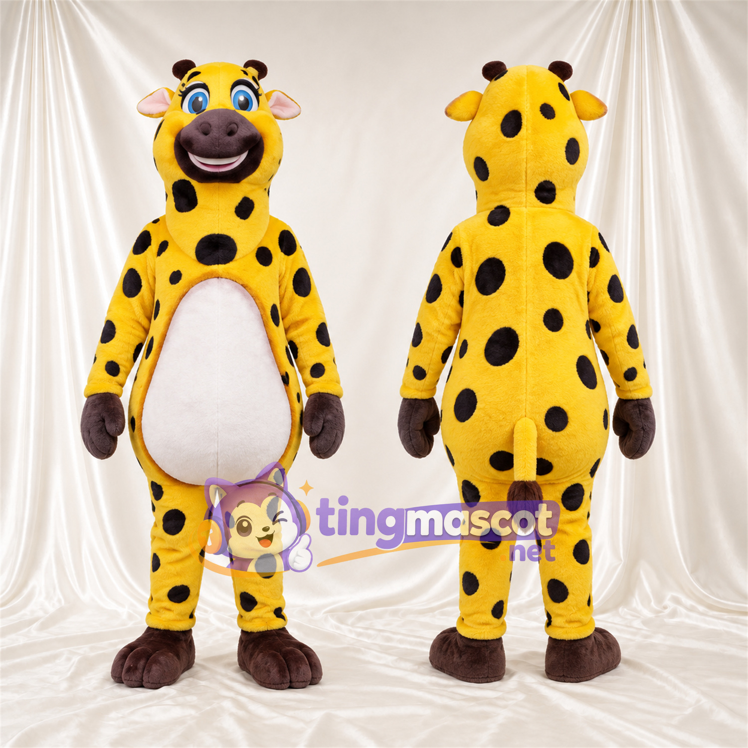 Maskottchenkostüm Giraffe – gelb / braun – Bauch (weiß); Augen (blau) Maskottchenkostüm Giraffe – gelb / braun – Bauch (weiß); Augen (blau)