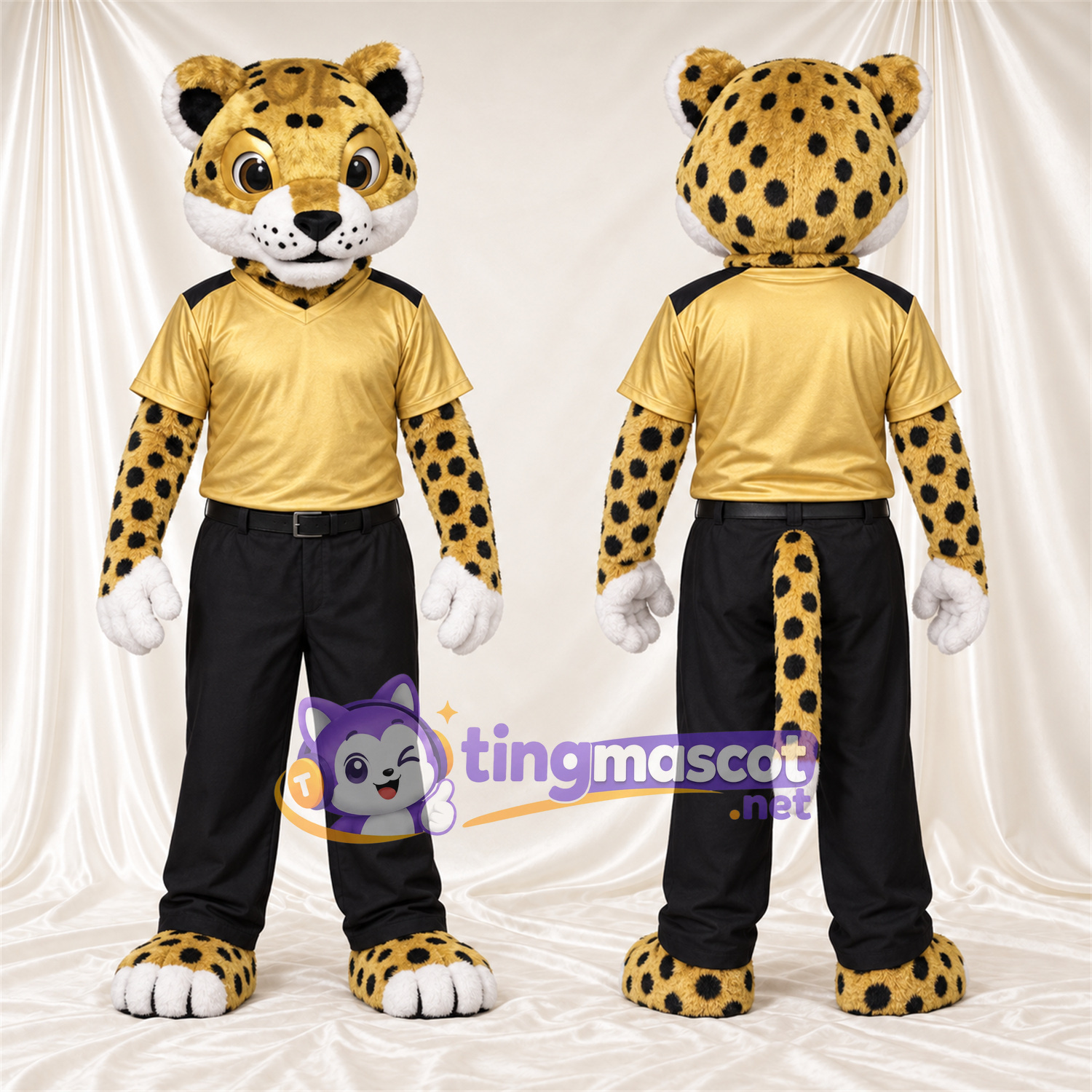 Costume de mascotte Léopard – brun clair / noir – Chemise (jaune); Pantalon (noir) Costume de mascotte Léopard – brun clair / noir – Chemise (jaune); Pantalon (noir)