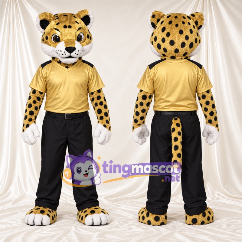 Costume de mascotte Léopard – brun clair / noir – Chemise (jaune); Pantalon (noir)