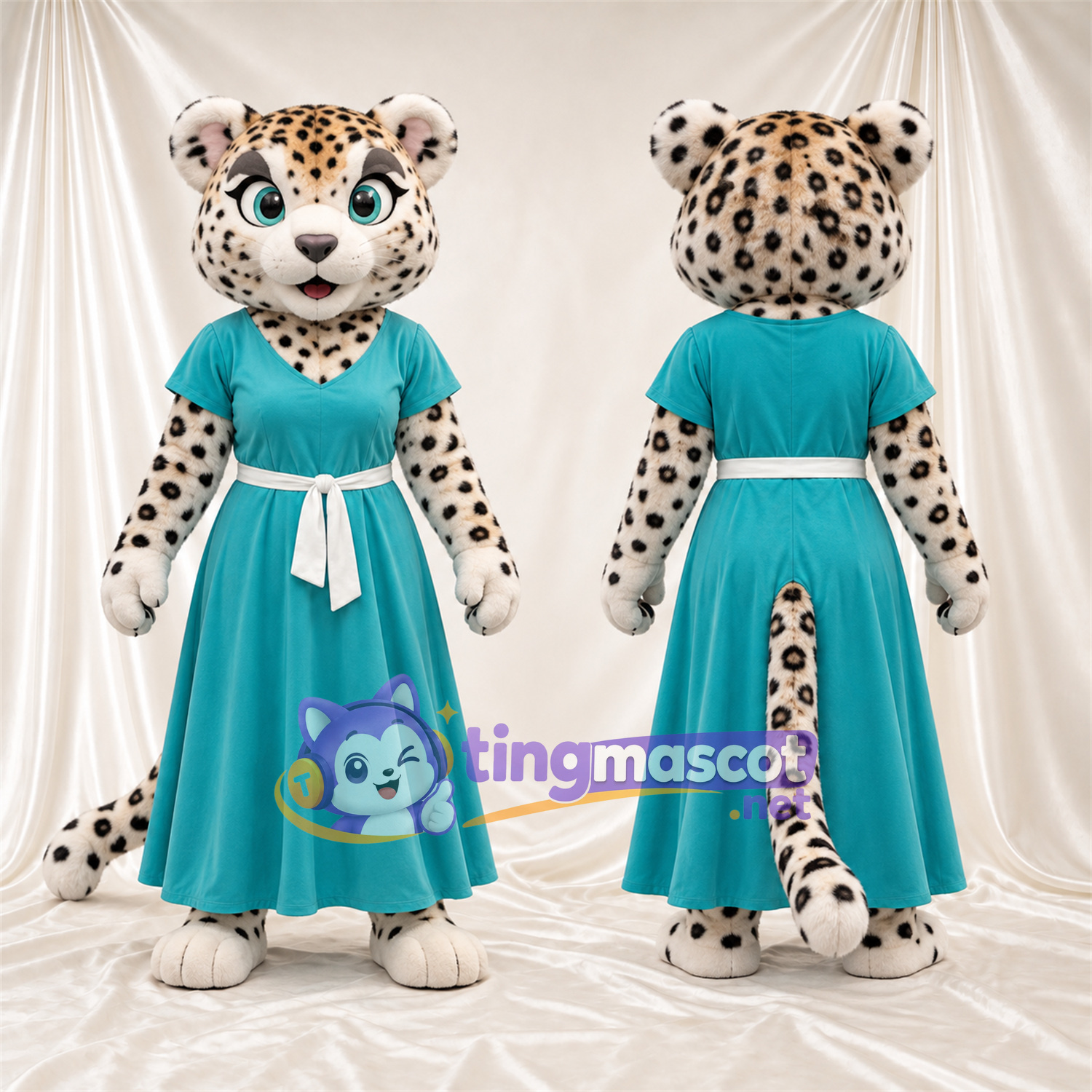 Maskottchenkostüm Gepard – creme / schwarz – Kleid (türkis) Maskottchenkostüm Gepard – creme / schwarz – Kleid (türkis)