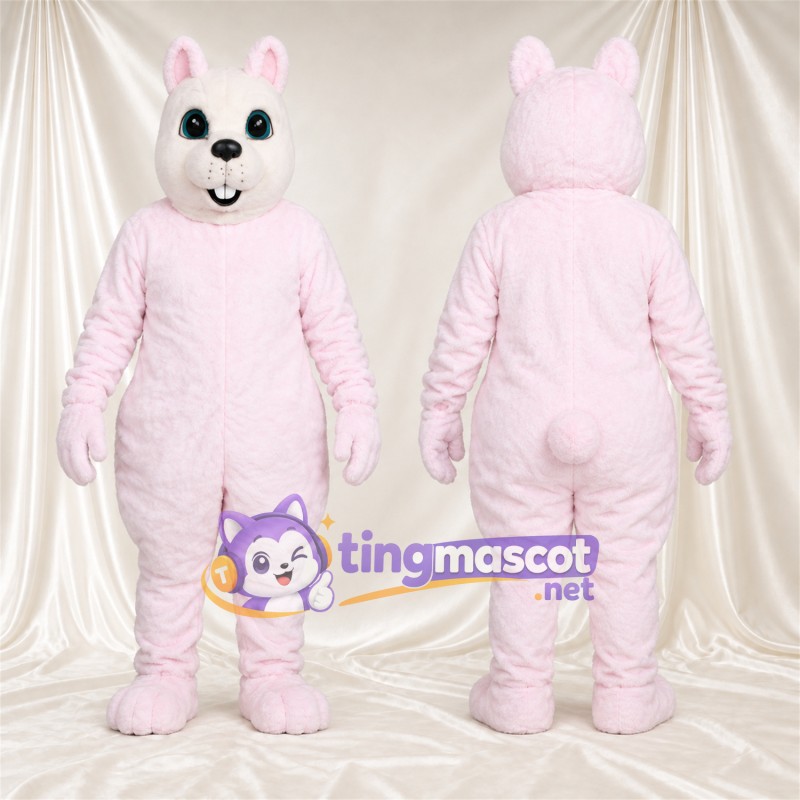 Costume de mascotte Lapin – rose – Petites oreilles rondes; Visage souriant