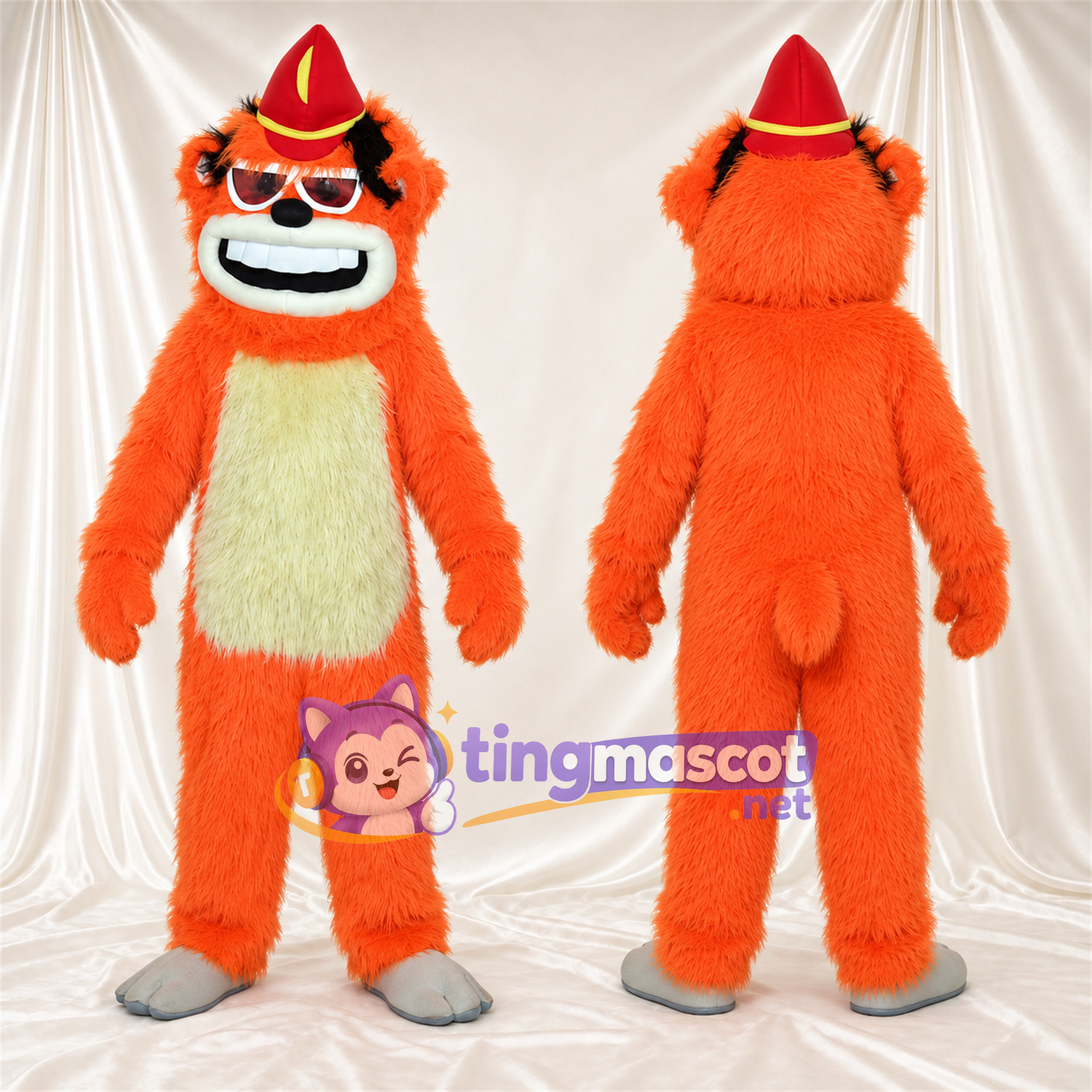 Maskottchenkostüm Affe – orange – Hut (rot); Sonnenbrille Maskottchenkostüm Affe – orange – Hut (rot); Sonnenbrille