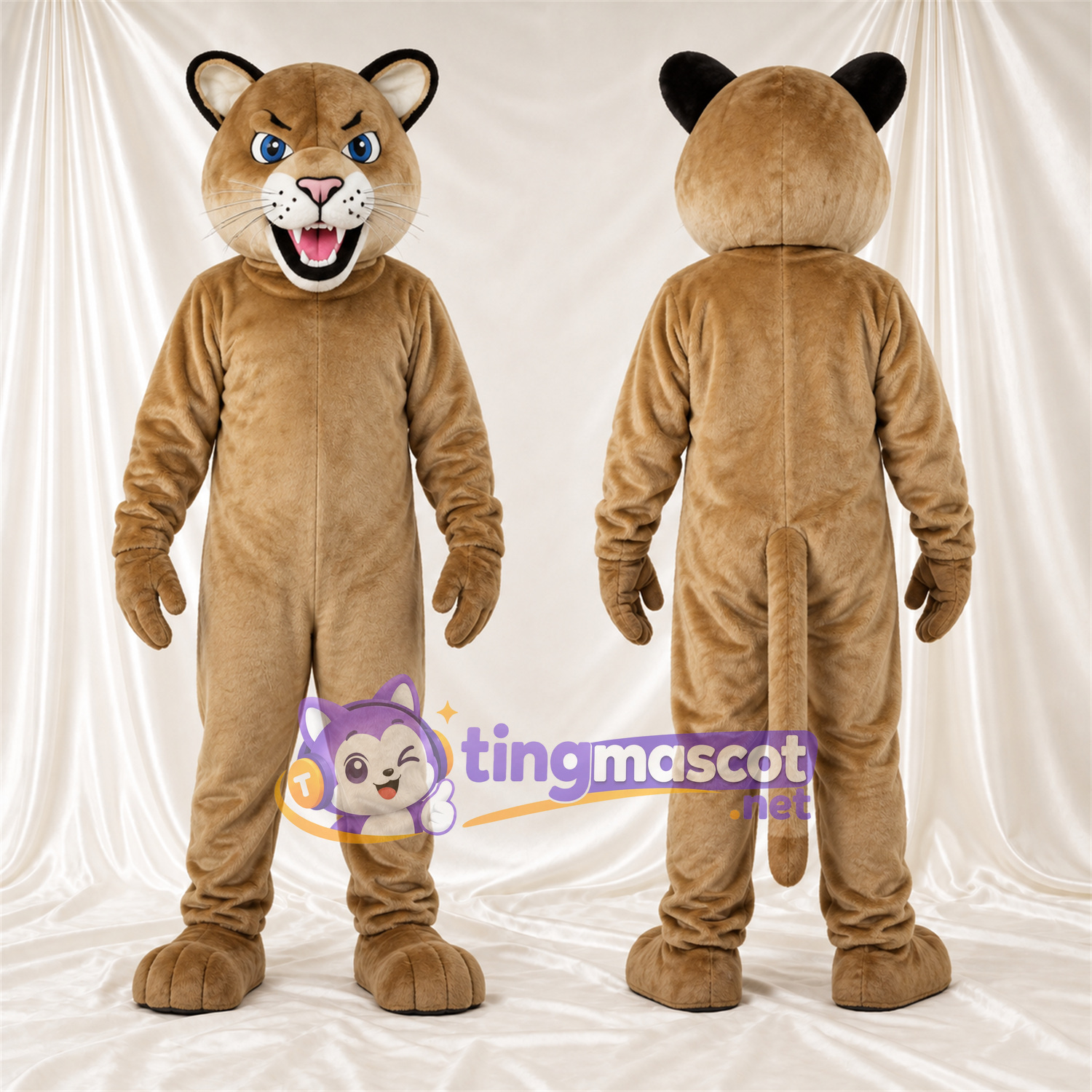 Tan and Black Bobcat Mascot Costume - Blue Eyes and Pointed Fangs Tan and Black Bobcat Mascot Costume - Blue Eyes and Pointed Fangs